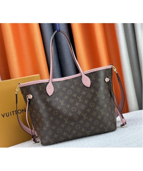 Louis Vuitton Neverfull Bandouliere Inside Out MM Tote In Monogram Canvas And Peony Pink Textile And Leather
