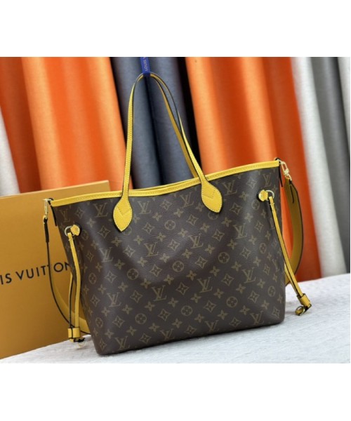 Louis Vuitton Neverfull Bandouliere Inside Out MM Tote In Monogram Canvas And Yellow Textile And Leather