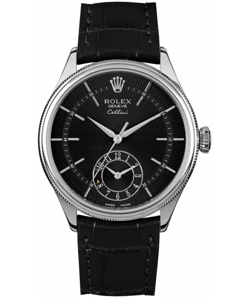 Rolex Cellini Dual Time Black Dial 18k White Gold Men's Watch 50529-0007